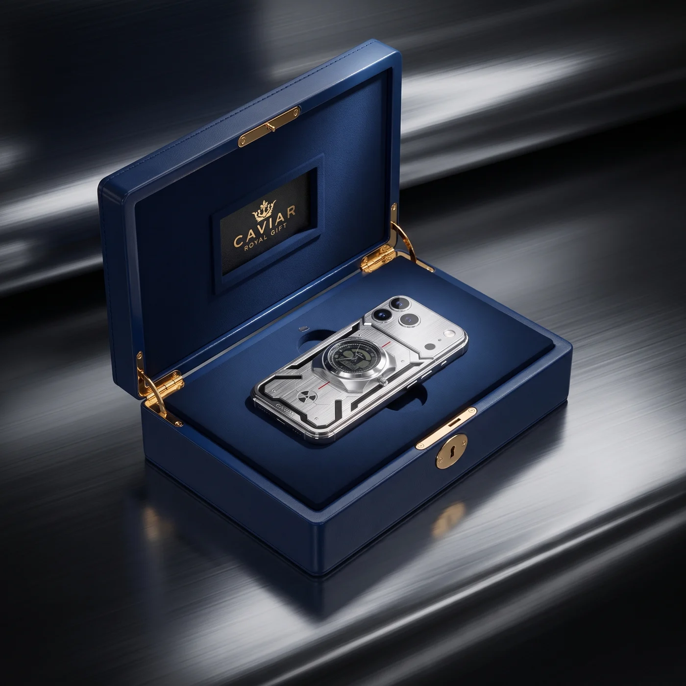 iPhone 17 Pro Max Geiger в фирменном синем футляре Caviar Royal Gift с золотой фурнитурой