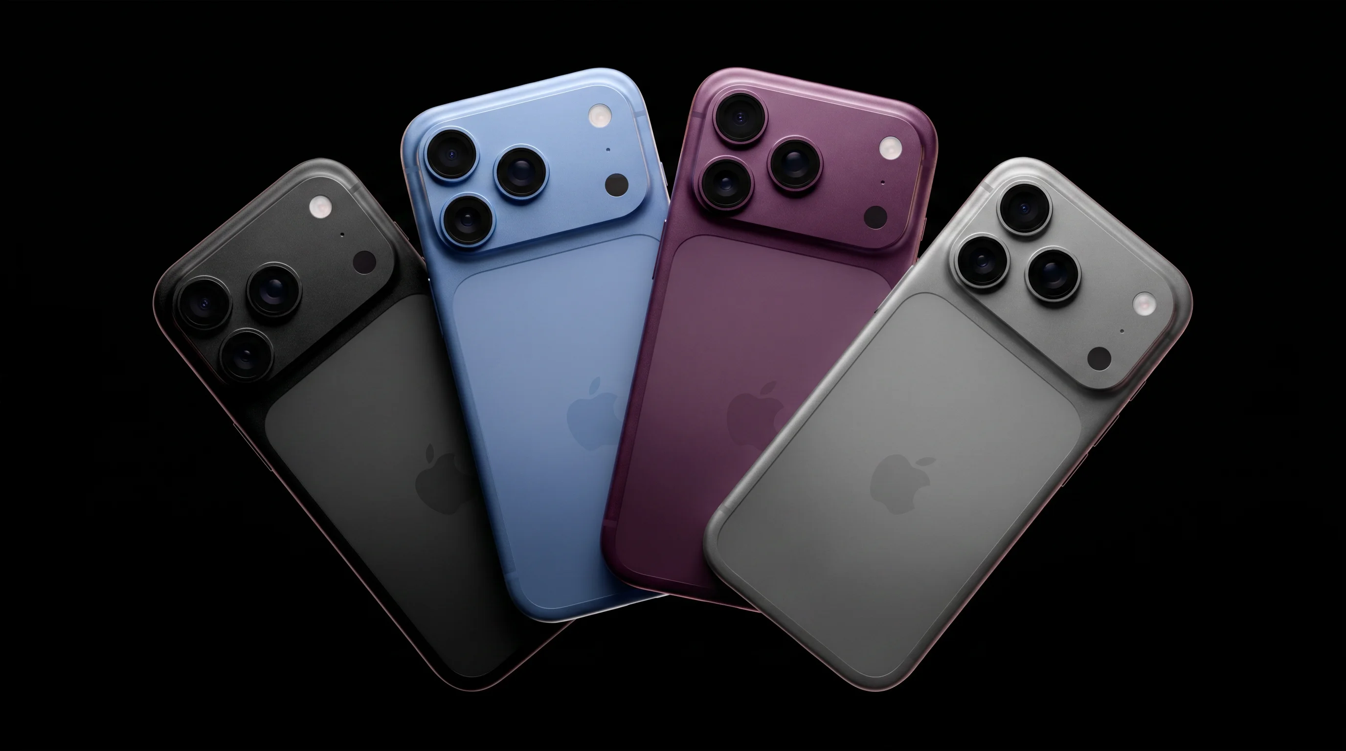 Четыре цвета iPhone: серый, голубой, тёмно-вишнёвый и серебристый